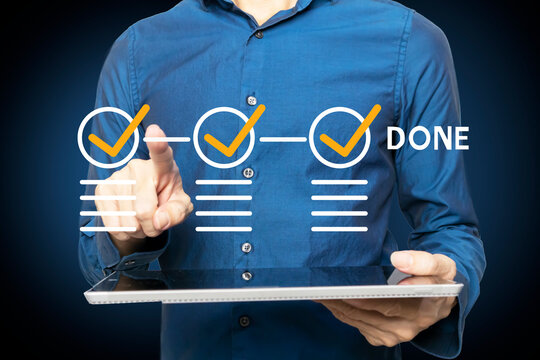 The businessman verifies the validity of the terms and conditions and approves the transaction.