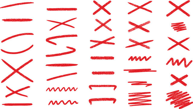 Collection of Red Hand Drawn Marks and Symbols on White Background cross