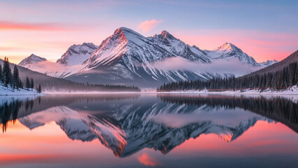 Serene snow-capped mountains reflected in calm lake at dusk, creating peaceful atmosphere with warm pink and blue hues, natural lighting, and tranquil scenery
