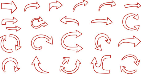 Collection of Red Outline Arrows in Various Shapes on White Background direction pointer