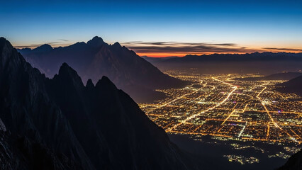 Breathtaking cityscape at dusk with mountain range, warm golden hour lighting, vibrant city lights, and serene atmosphere, aerial view.