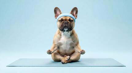 Zen Bulldog: A serene bulldog channels inner peace, practicing yoga on a mat against a calm blue backdrop, embodying the tranquility of mindfulness.