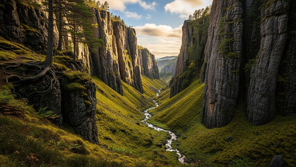 Breathtaking canyon landscape with winding river, lush greenery, and towering cliffs under soft natural light, creating serene atmosphere with dramatic composition