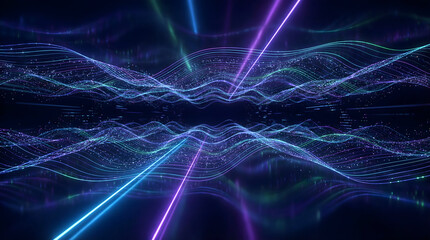 Futuristic digital background with glowing neon waves and particle visualization