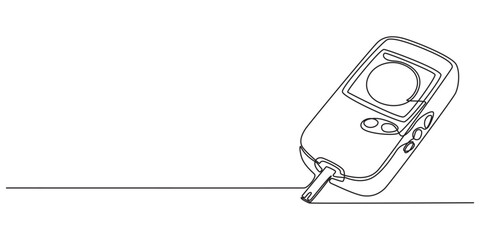 One continuous line drawing of Blood glucose meter test illustration. glucometer pharmacy equipment outline, Continuous single line drawing of a glucometer for monitoring blood sugar. Minimal editable