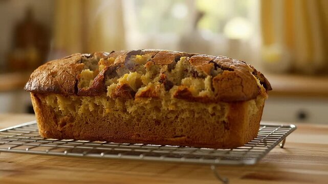 Freshly baked banana bread on a cooling rack in a kitchen with a blurred background