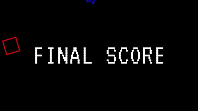 A retro pixelated video game final score screen with animated geometric shapes. Retro arcade game with text animated in 4K video.