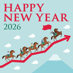 午年をイメージした矢印の上を走る先生と学生が乗った馬のイラストの正方形の年賀状_男性教師_happy new year
