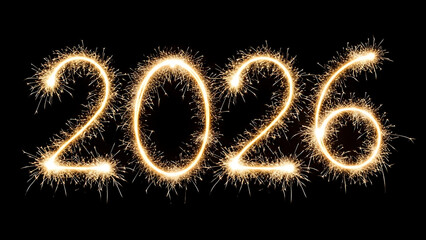 Sparkling numbers two thousand twenty six written with sparklers on black background for new year eve