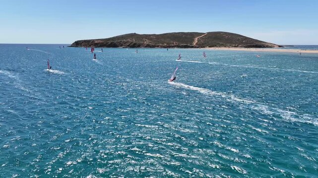 Aerial drone cineamatic video of paradise two sided beach of Prasonisi ideal for wind and kite surfing in Southeast part of Rhodes island, Dodecanese, Greece