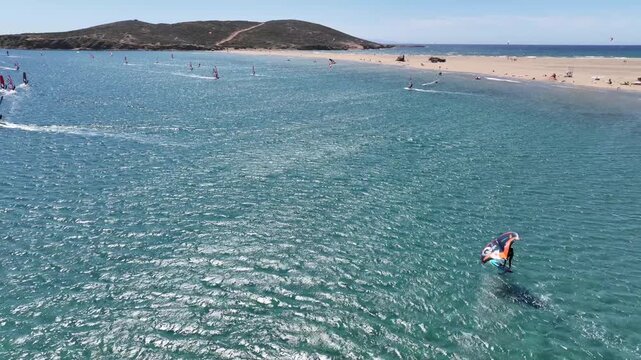 Aerial drone cineamatic video of paradise two sided beach of Prasonisi ideal for wind and kite surfing in Southeast part of Rhodes island, Dodecanese, Greece