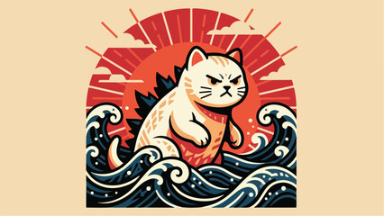 Giant Catzilla emerges from ocean waves with an angry expression.