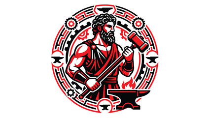 Hephaestus Greek god of blacksmiths craftsmen artisans sculptors metals metallurgy fire and volcanoes holding a hammer standing next to an anvil in a circular frame vector illustration.