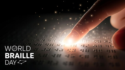 close up finger reading braille on dark surface with glowing dots awareness of world braille day