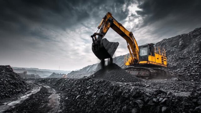 Excavator Digging Coal Mine, An excavator actively digging in a coal mine