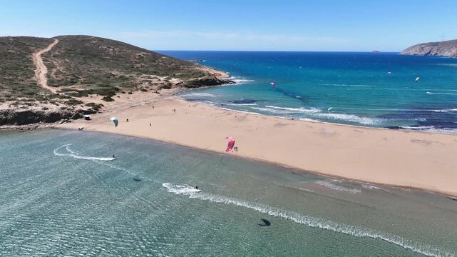 Aerial drone cineamatic video of paradise two sided beach of Prasonisi ideal for wind and kite surfing in Southeast part of Rhodes island, Dodecanese, Greece