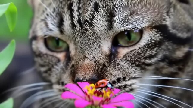 Close-up of a tabby cat smelling a vibrant pink zinnia flower with a ladybug on it.