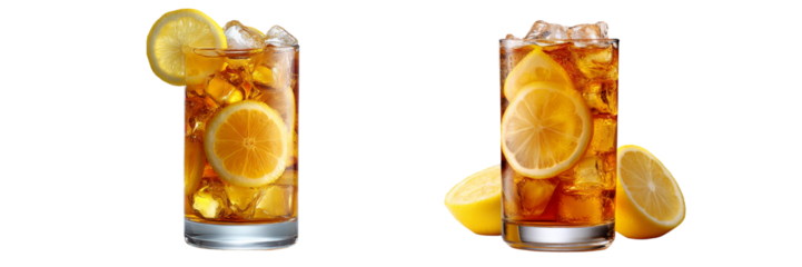 Two glasses of iced tea with lemon slices on a transparent background