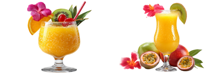 Two tropical cocktails with fruit and flowers on a transparent background with garnishes