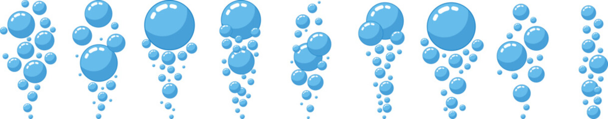 Blue bubbles rising upward in various sizes with shiny reflections on transparent background vector art collection of round water droplets and air spheres floating isolated graphic elements