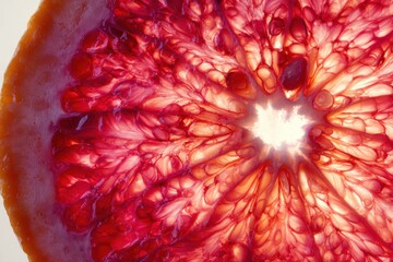 Captivating slice of citrus fruit illuminated from behind, showcasing intricate patterns and vibrant hues in an abstract macro view