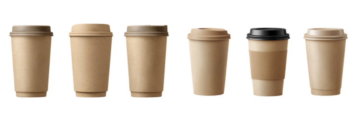 Brown paper coffee cups with different colored lids isolated on transparent background