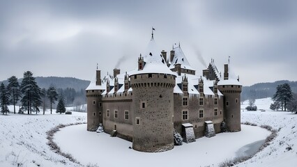 A majestic castle covered in snow, showcasing its grandeur. The image captures the historical architecture against a winter backdrop.