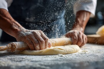 Close-up of professional bakers rolling and shaping dough in a flour-dusted kitchen during a baking session with a focus on skillful hands and fine details