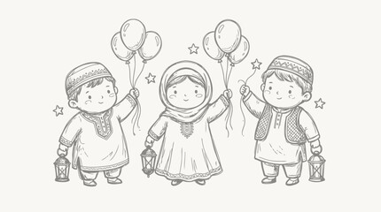 Fototapeta premium Eid Mubarak Doodle Vector Set – Islamic Holiday Hand Drawn Line Icons Collection