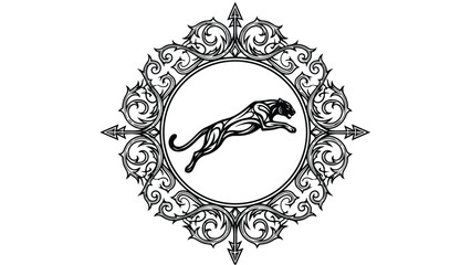 Leaping Panther in Ornate Circular Frame Black and White Illustration.
