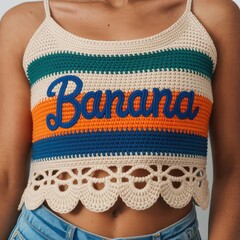 Woman wearing a colorful striped handmade crochet crop top with the word Banana.