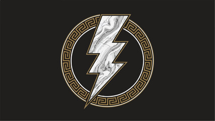 Lightning Bolt with Greek Key Pattern in Gold and Silver on Black Background.