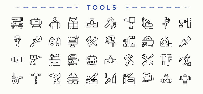 Set of Tools line icon. Contains related to handyman, repair, craft, carpenter and more. Sign and Symbol. Repair icon set. Editable stroke vector art.