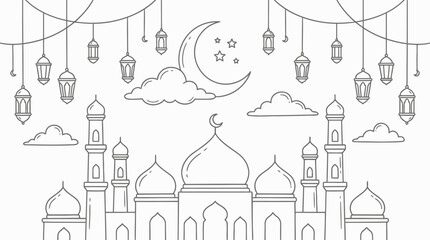 Fototapeta premium Eid Mubarak Doodle Vector Set – Islamic Holiday Hand Drawn Line Icons Collection