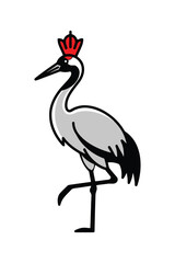 Majestic crane bird with red crown vector illustration, isolated on white.