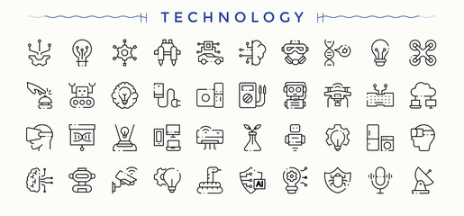 Technology icon set. Tech icon set. Collection of simple line web icons. Included smart, ai, tech, computer, internet. Vector artwork and illustration.