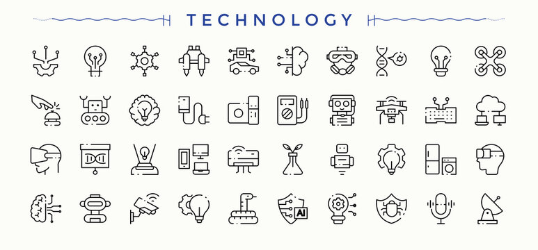 Technology icon set. Tech icon set. Collection of simple line web icons. Included smart, ai, tech, computer, internet. Vector artwork and illustration.