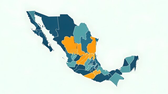 A colorful map showcasing the vibrant regions of Mexico. The map illustrates the geographical layout of Mexico