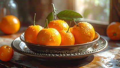 Fresh whole and halved oranges on decorative plate with cloves in sunlight