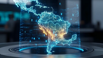 A futuristic holographic map showcasing a detailed view of the continents. The map is illuminated with bright, vibrant colors and surrounded by a sleek, modern frame