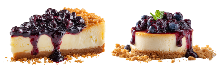 Delicious cheesecake with blueberry topping on a crumbly crust isolated on transparent background