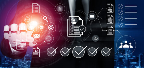 A businessman engages with a modern digital interface, representing data management and workflow optimization concepts in a contemporary corporate environment. Gantry