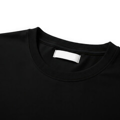 Classic black crew neck t-shirt with white tag isolated on transparent background