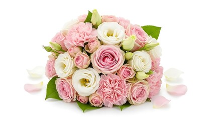 Beautiful bouquet of pink and white roses on white background