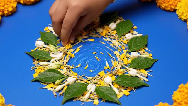 A persons hand arranging a beautiful floral rangoli with marigold petals, jasmine buds, and green leaves on a blue background, surrounded by marigold flowers, for a traditional Indian festival celebr.
