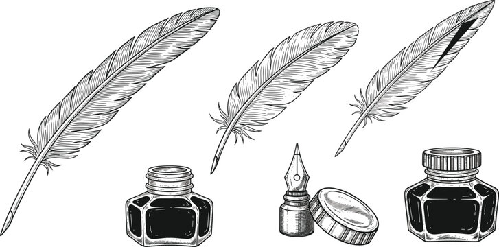 Vintage Quill Pens and Ink Bottles in Black and White Engraving Style Keywords: quill pen, feather pen, ink bottle, inkwell