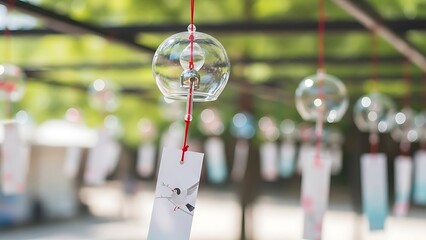 Beautiful wind chimes hanging in a serene outdoor setting