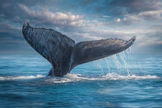 Stunning close view of a humpback whale tail fluke rising above calm ocean waters under a dramatic sky in the early evening light - Powered by Adobe