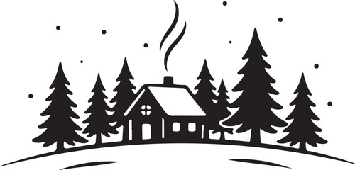 Obraz premium Simple elegant christmas decoration winter countryside landscape with small house and spruce trees