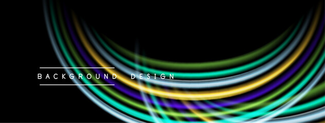 Abstract colorful curves over black background. Modern design elements create dynamic visual effect. Simple text labels bottom center.